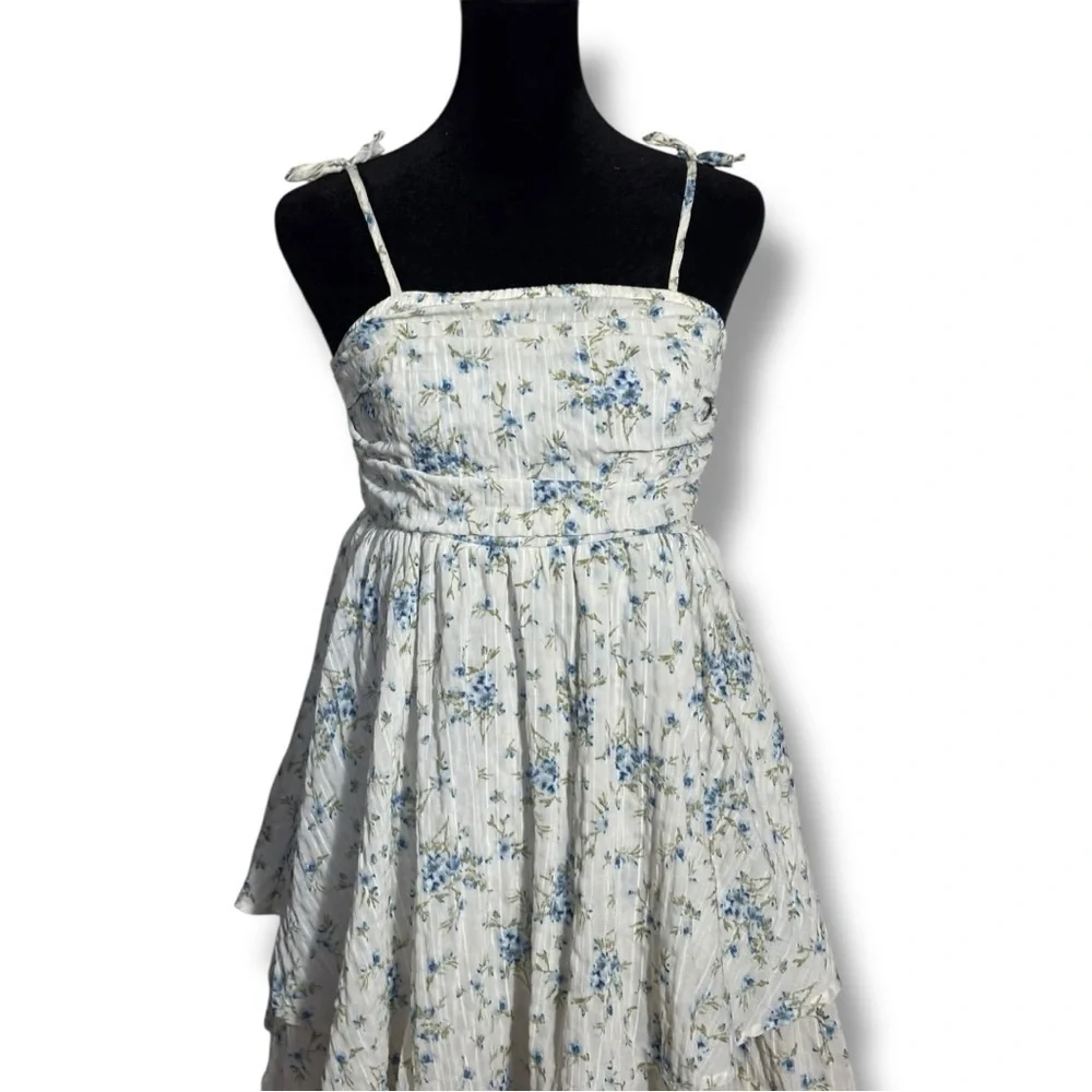 Unbranded White and Blue Floral Layered Tie Straps Empire Waist Babydoll Dress